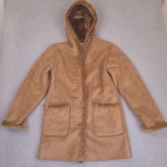 St Johns Bay‎ Coat Womens Medium Brown Eskimo Toggle Faux Suede Fur Trim Hood - Picture 1 of 15
